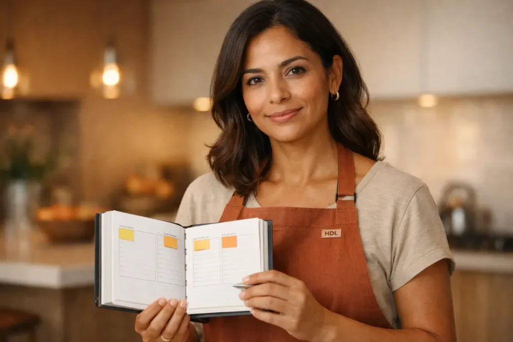 Empregada que trabalha 3 vezes por semana segurando um planner de tarefas, com ambiente de cozinha ao fundo, sorridente e confiante.