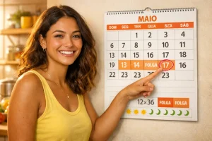 Mulher feliz apontando para o calendário em maio, destacando o feriado de dia 17 para quem trabalha no regime 12x36. Imagem adequada para conteúdo sobre feriados para trabalhadores nesse regime.