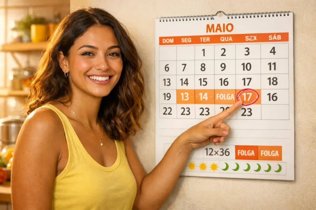 Mulher feliz apontando para o calendário em maio, destacando o feriado de dia 17 para quem trabalha no regime 12x36. Imagem adequada para conteúdo sobre feriados para trabalhadores nesse regime.