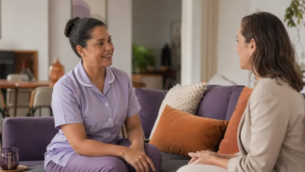 Duas mulheres conversando sobre a rescisão da babá em um ambiente confortável dentro de uma casa.