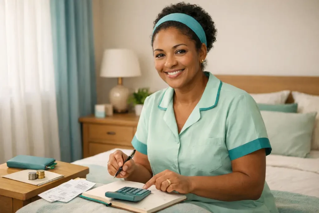 Mulher doméstica sorridente sentada na cama, com nota, calculadora e moedas, simbolizando o salário mínimo de São Paulo para domésticas.