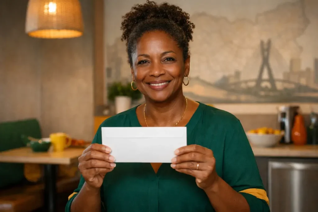 Mulher segurando um cheque com sorriso, em casa, relacionada ao salário mínimo de São Paulo 2026 para domésticas, conceito de remuneração e direitos trabalhistas.