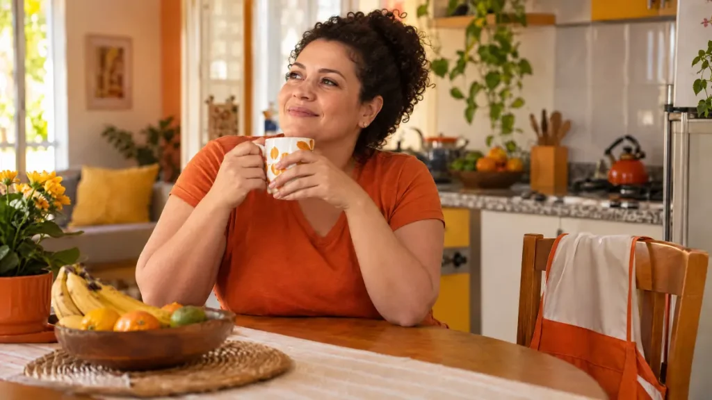 fim da escala 6x1 para empregada doméstica: Mulher em casa tomando café à mesa, com roupa laranja, segurando uma xícara e sorrindo na cozinha iluminada, enquanto conversa com tranquilidade no dia a dia.